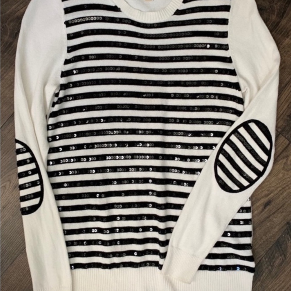 *NWT* Michael Kors Cream and Black Sequin Stripe Sweater - Size LARGE